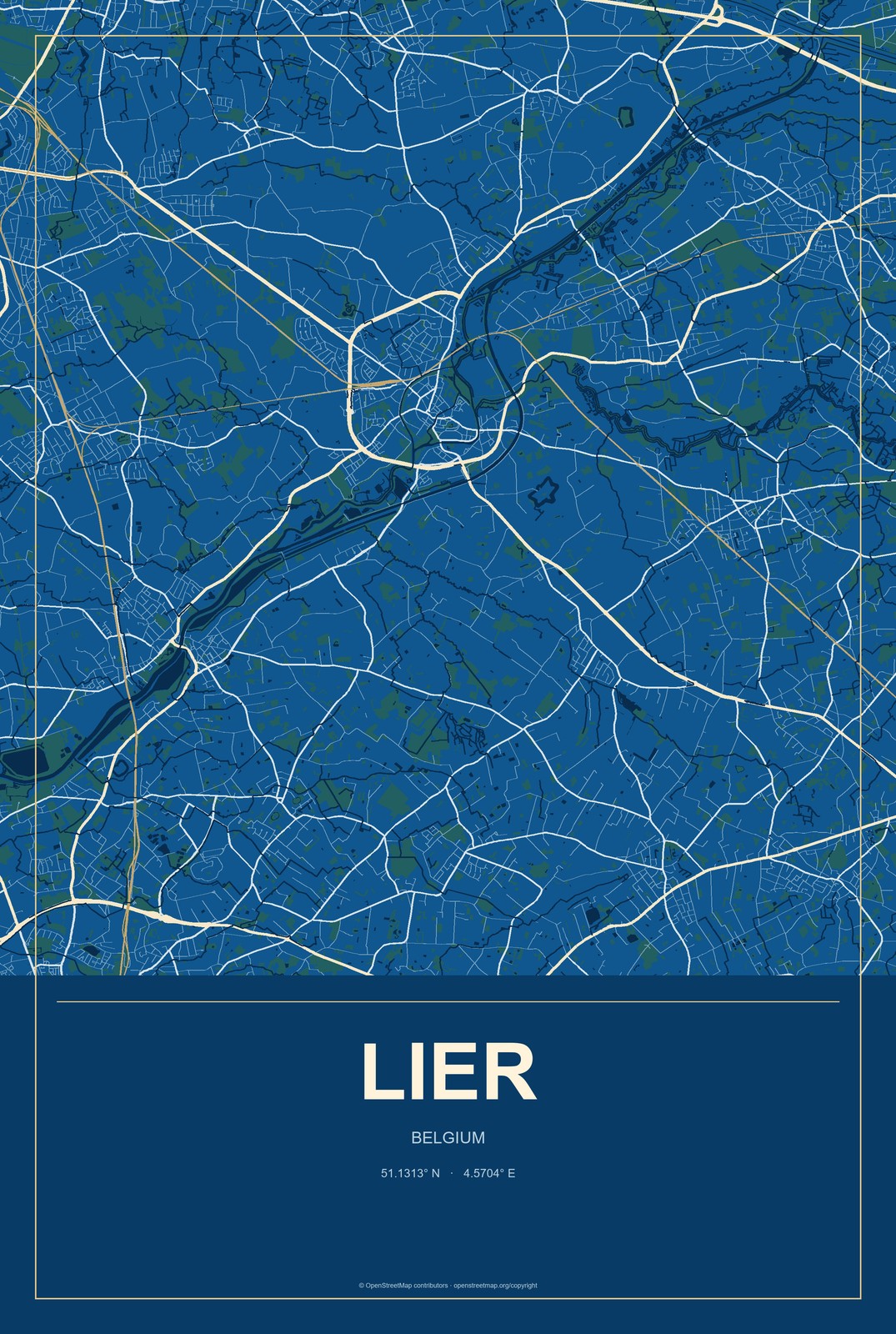 Lier, Belgium City Map Aluminum Sign in Harbor Cobalt style