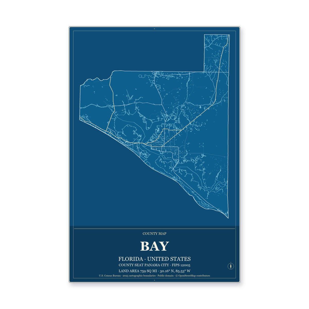 Bay County, Florida Map Aluminum Sign in Harbor Cobalt style