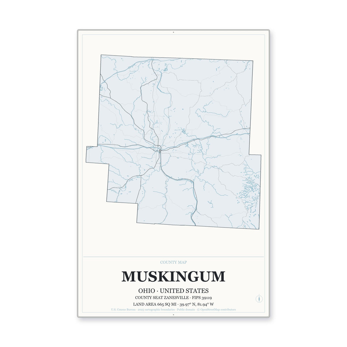 Muskingum County, Ohio Map Aluminum Sign in Gallery Air style