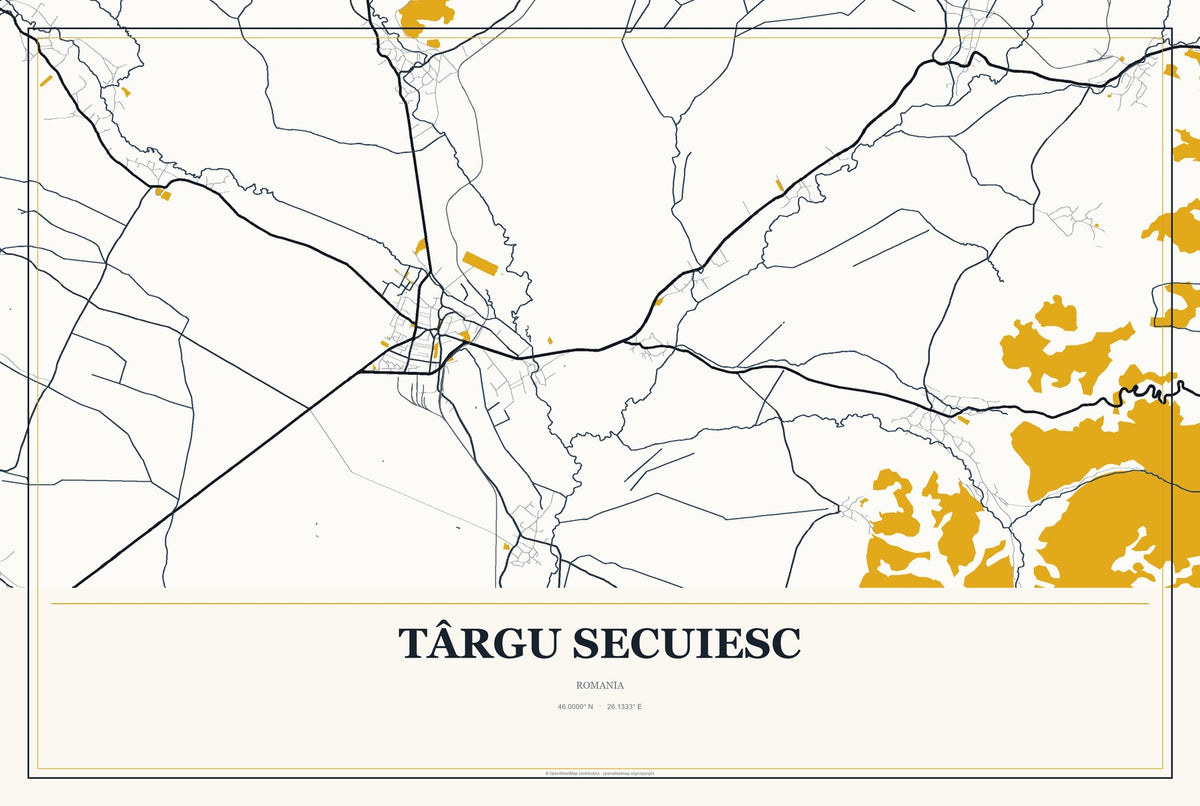 Târgu Secuiesc, Romania City Map Aluminum Sign in Citrine Modern style