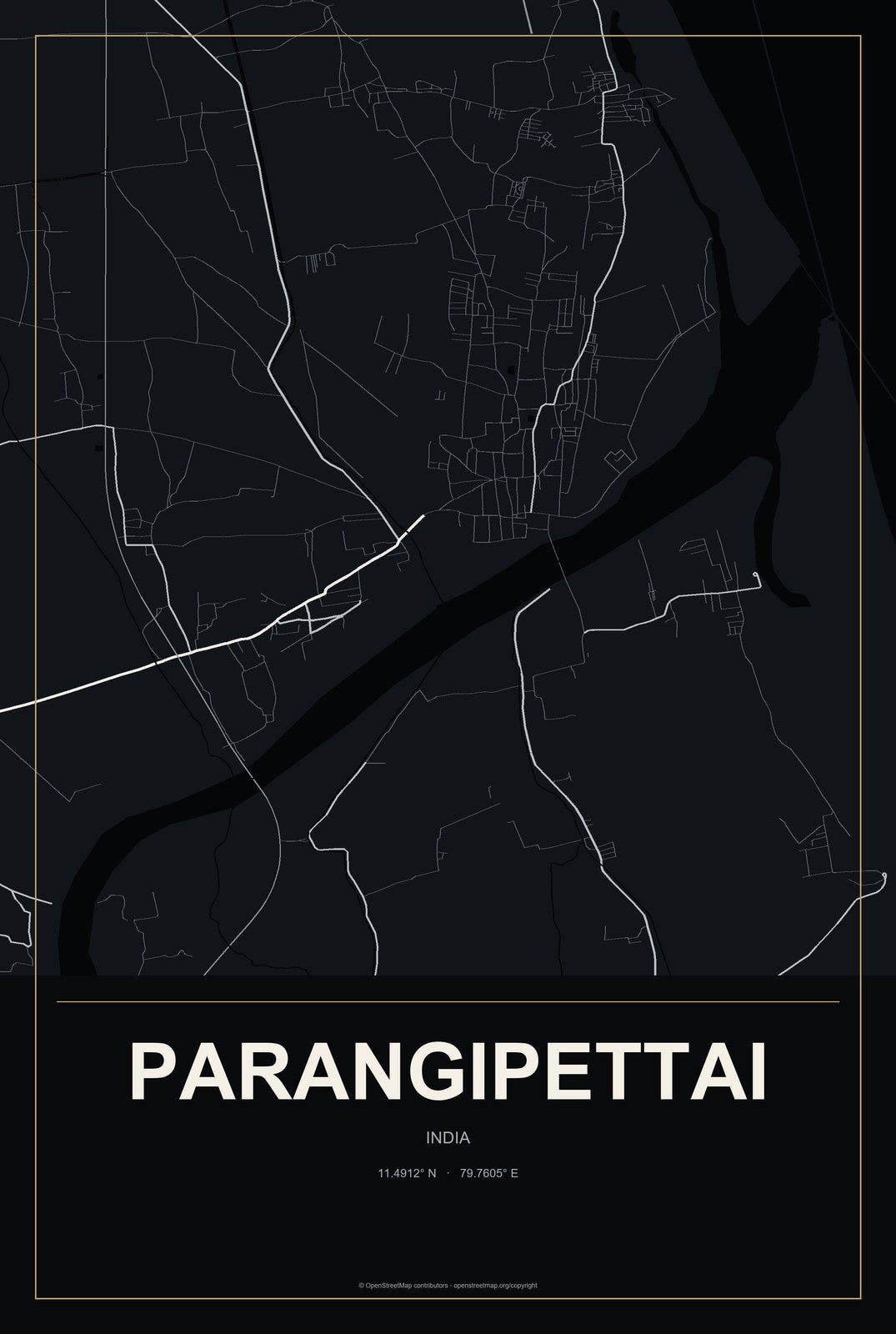 Parangipettai, India City Map Aluminum Sign in Metropolitan Noir style