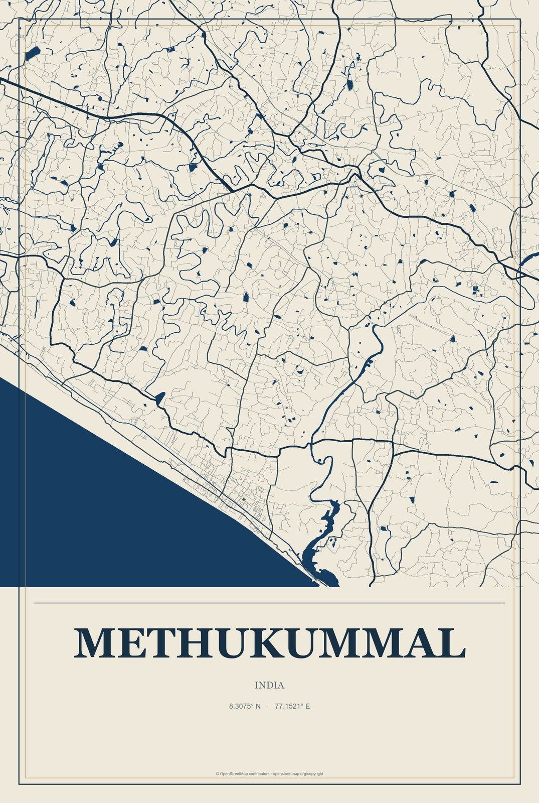Methukummal, India City Map Aluminum Sign in Coastal Cutout style
