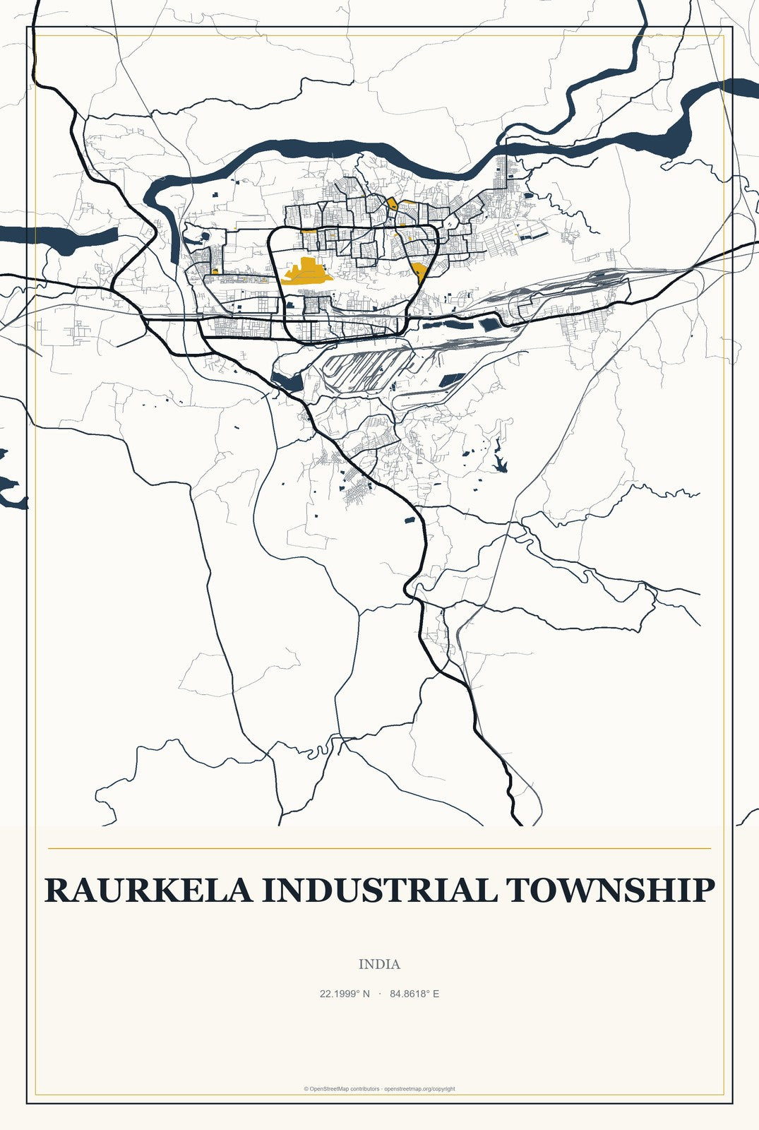 Raurkela Industrial Township, India City Map Aluminum Sign in Citrine Modern style