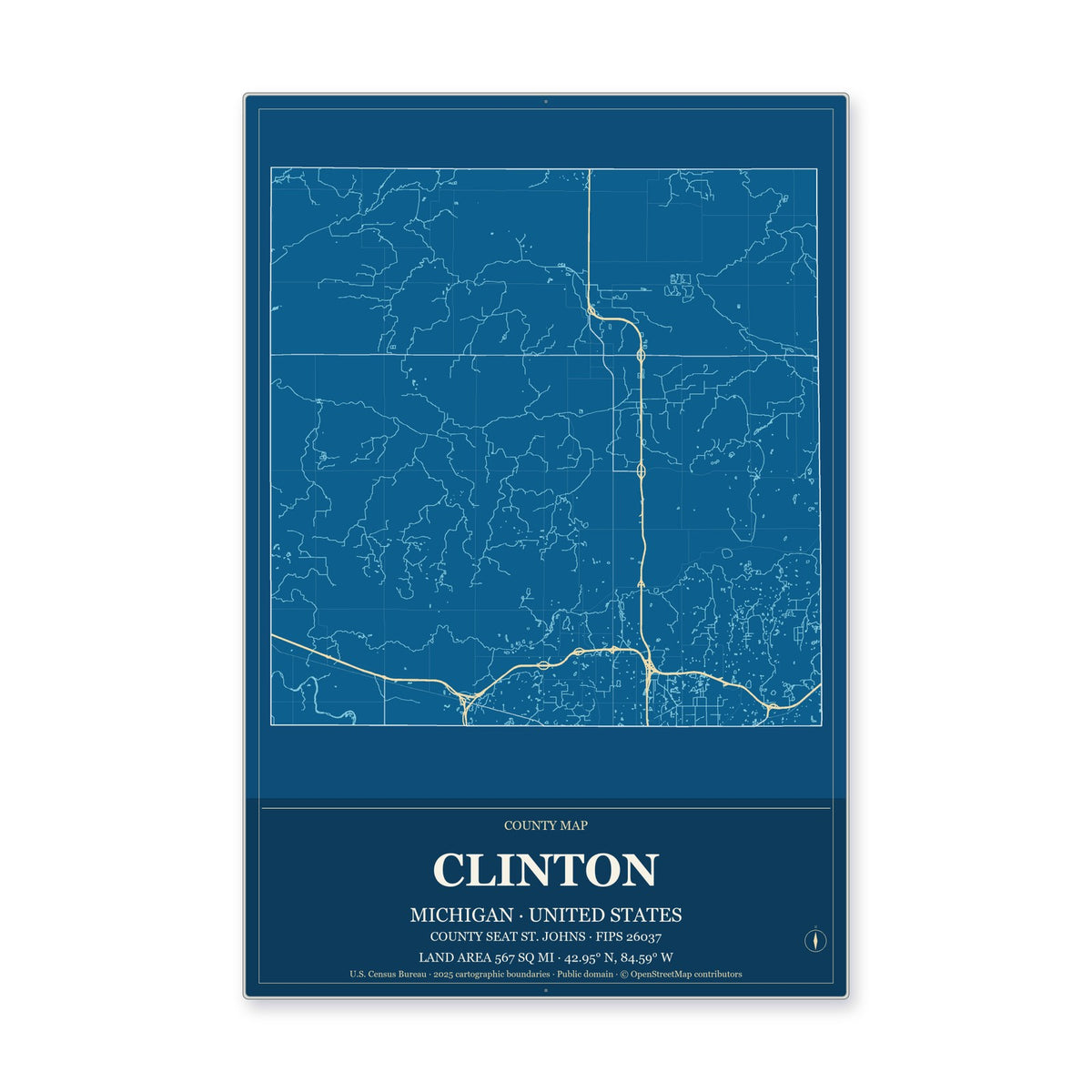 Clinton County, Michigan Map Aluminum Sign in Harbor Cobalt style