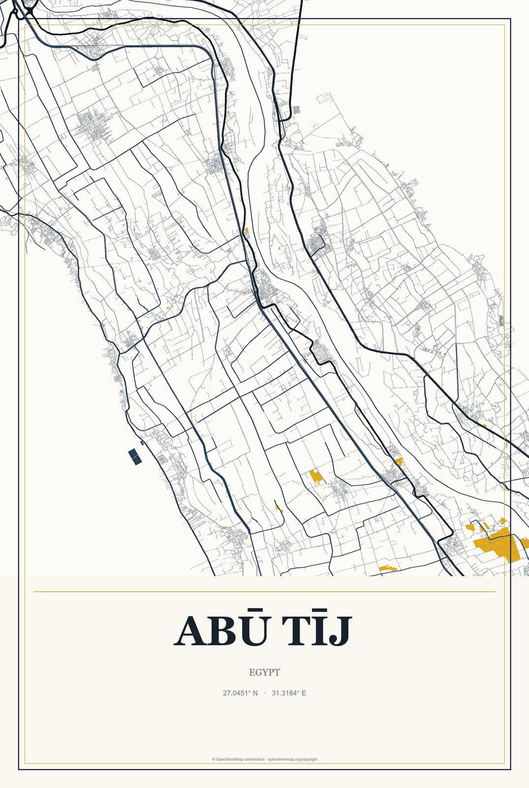 Abū Tīj, Egypt City Map Aluminum Sign in Citrine Modern style
