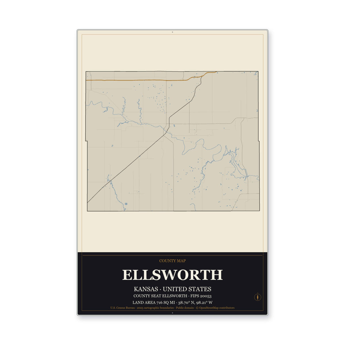Ellsworth County, Kansas Map Aluminum Sign in Museum Plaque style