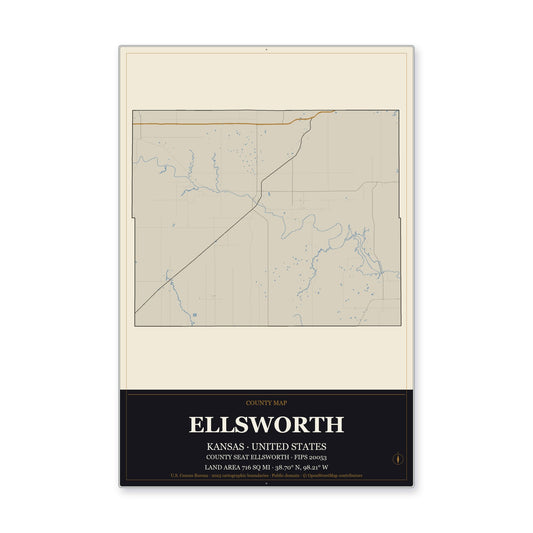 Ellsworth County, Kansas Map Aluminum Sign in Museum Plaque style