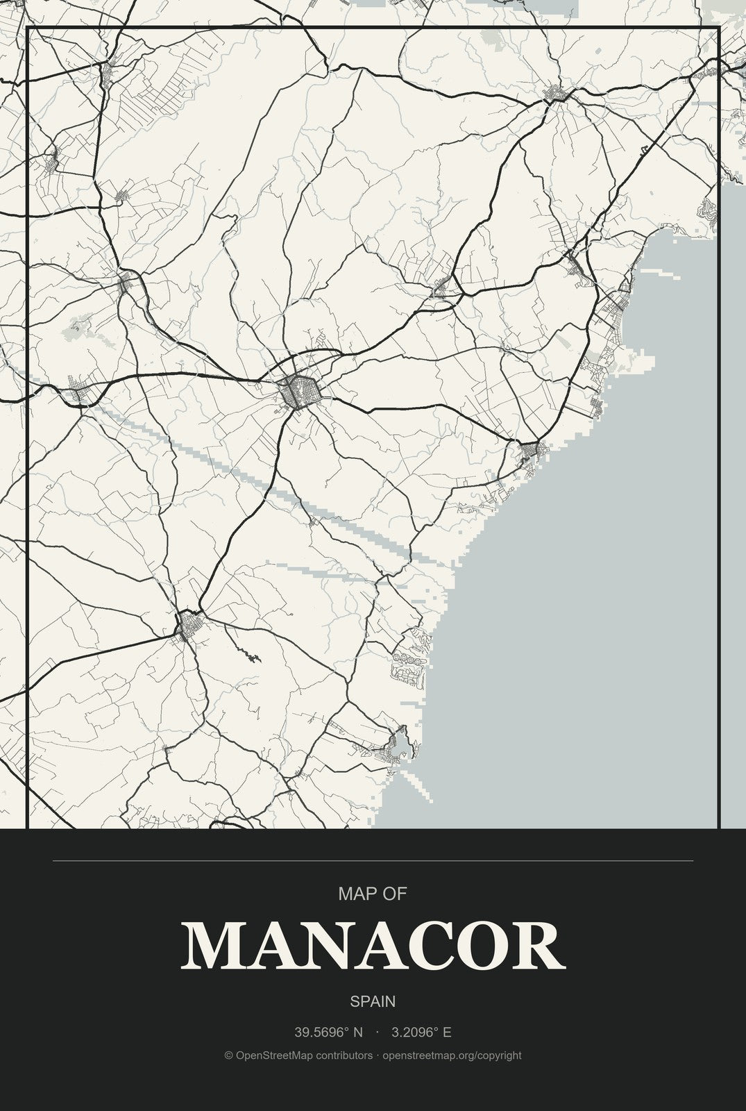 Manacor, Spain City Map Aluminum Sign in Museum Plaque style