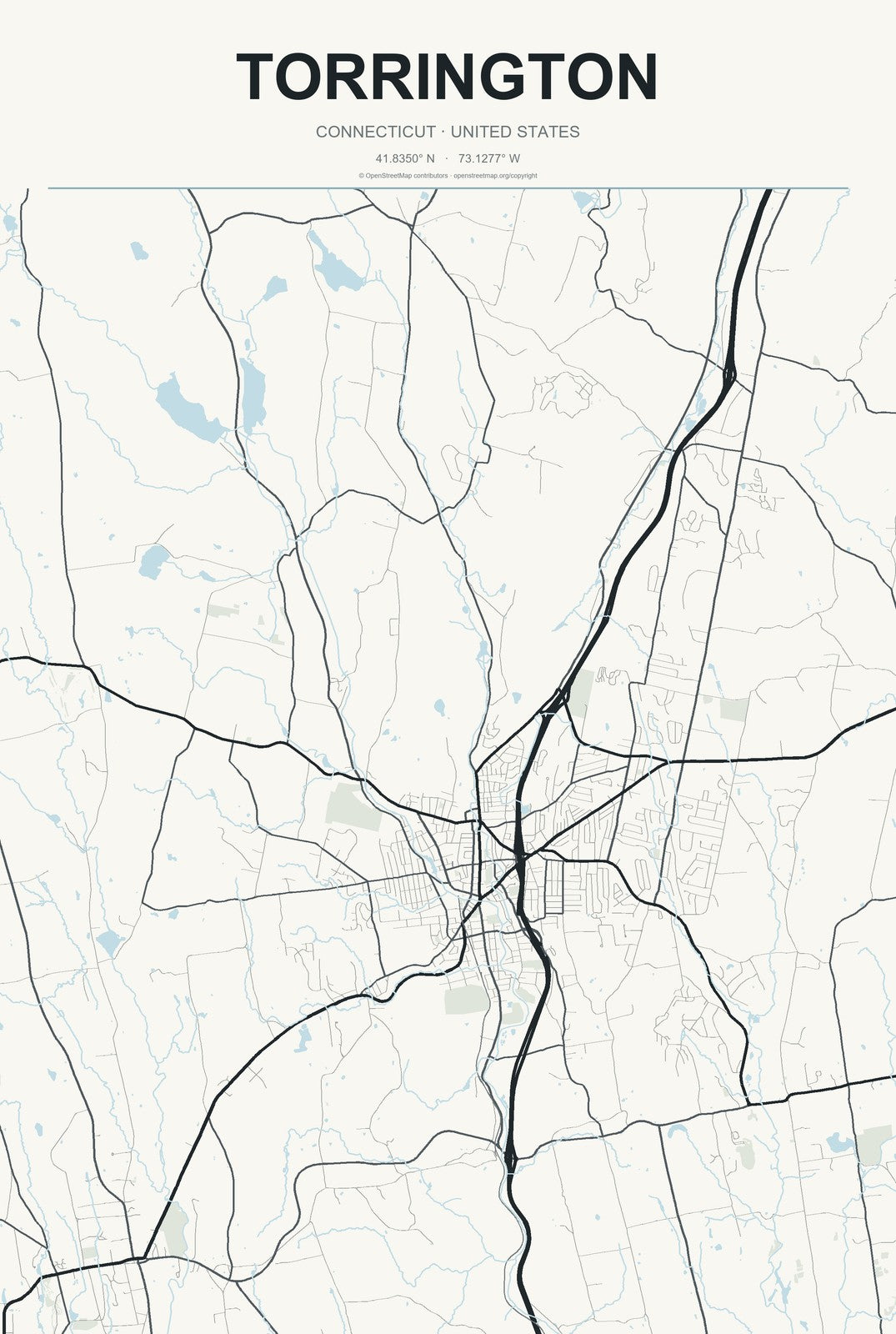 Torrington, Connecticut City Map Aluminum Sign in Headline Atlas style