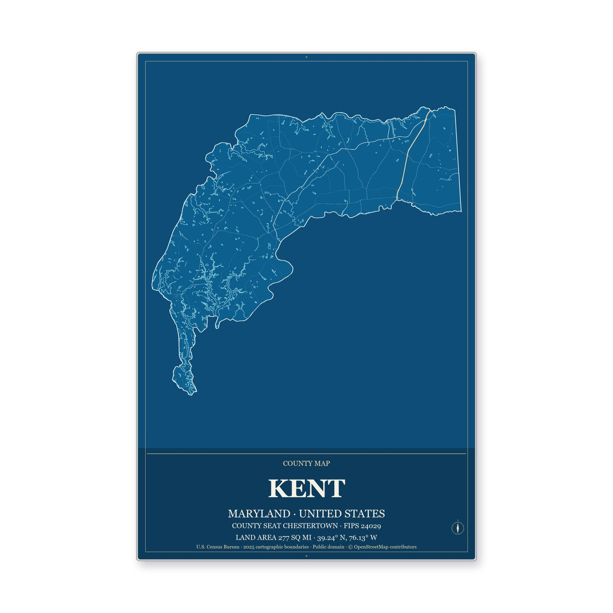 Kent County, Maryland Map Aluminum Sign in Harbor Cobalt style
