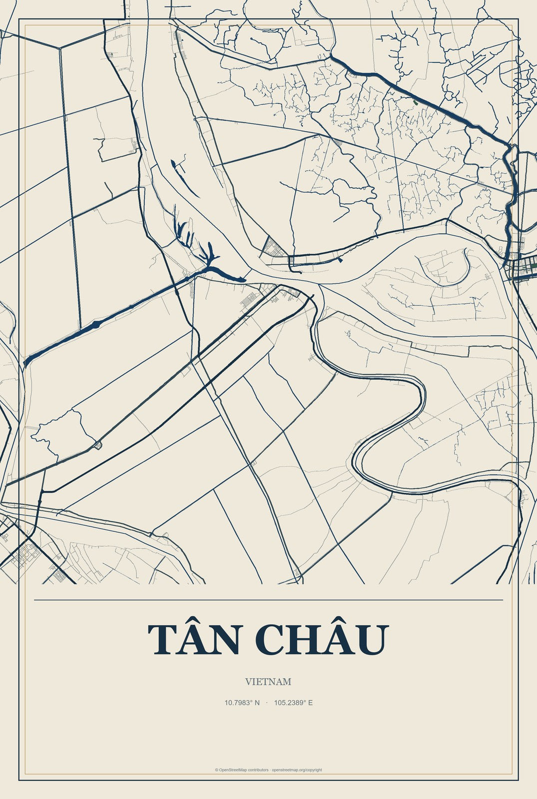 Tân Châu, Vietnam City Map Aluminum Sign in Coastal Cutout style