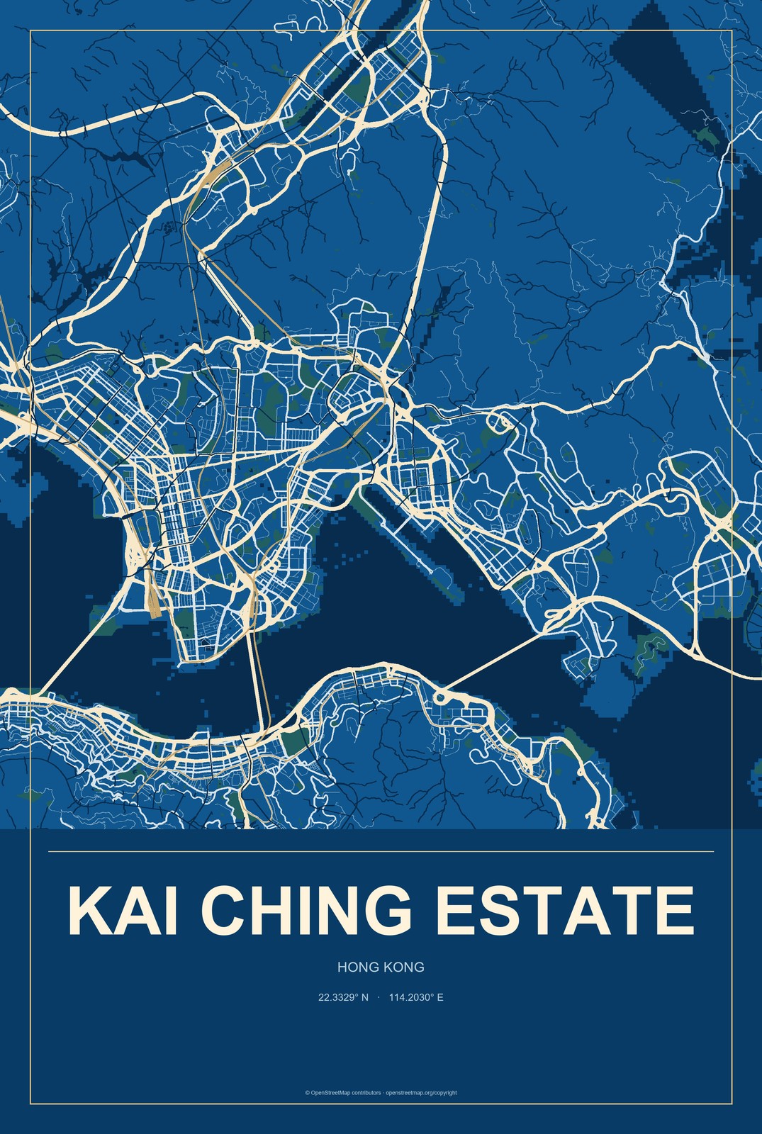 Kai Ching Estate, Hong Kong City Map Aluminum Sign in Harbor Cobalt style