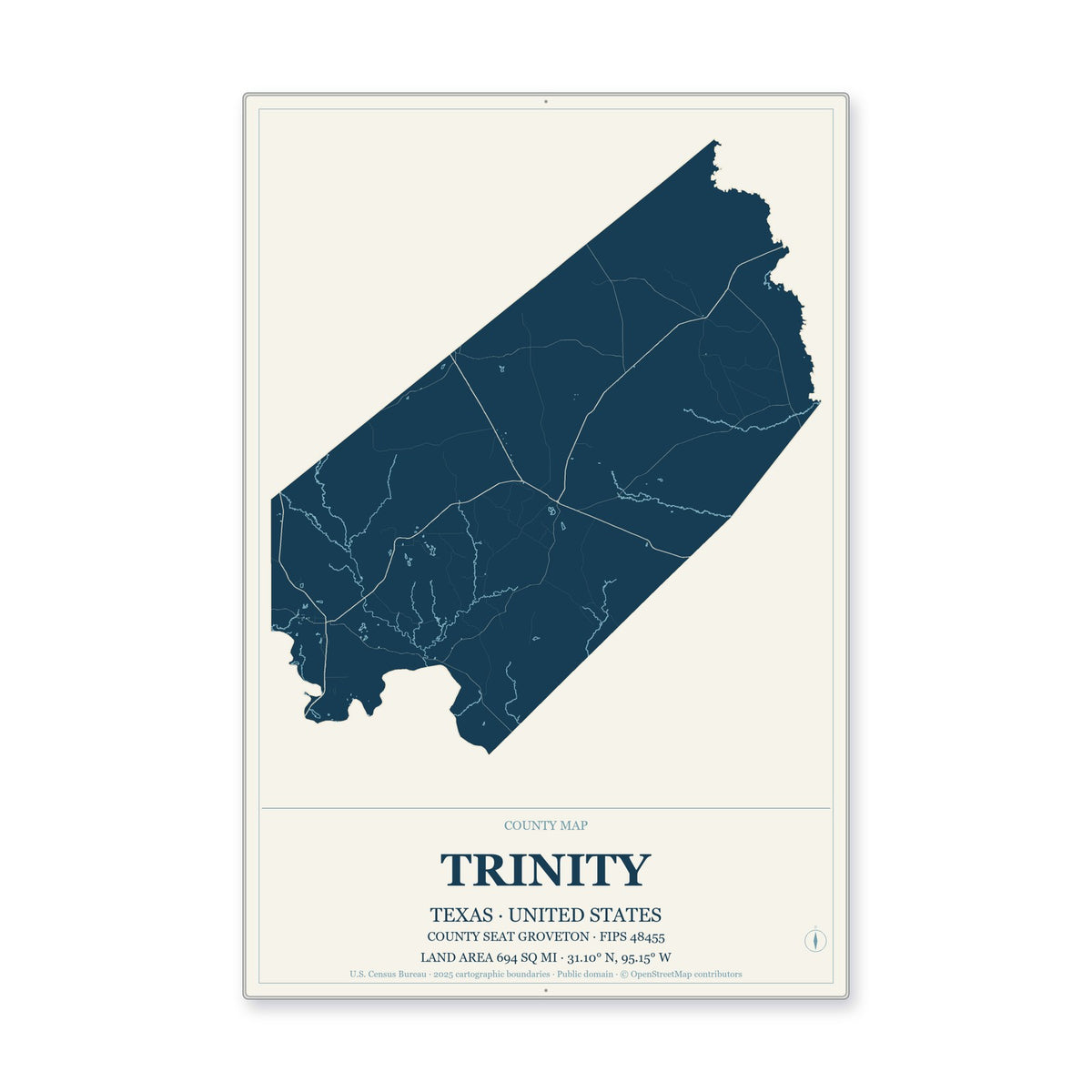 Trinity County, Texas Map Aluminum Sign in Coastal Cutout style