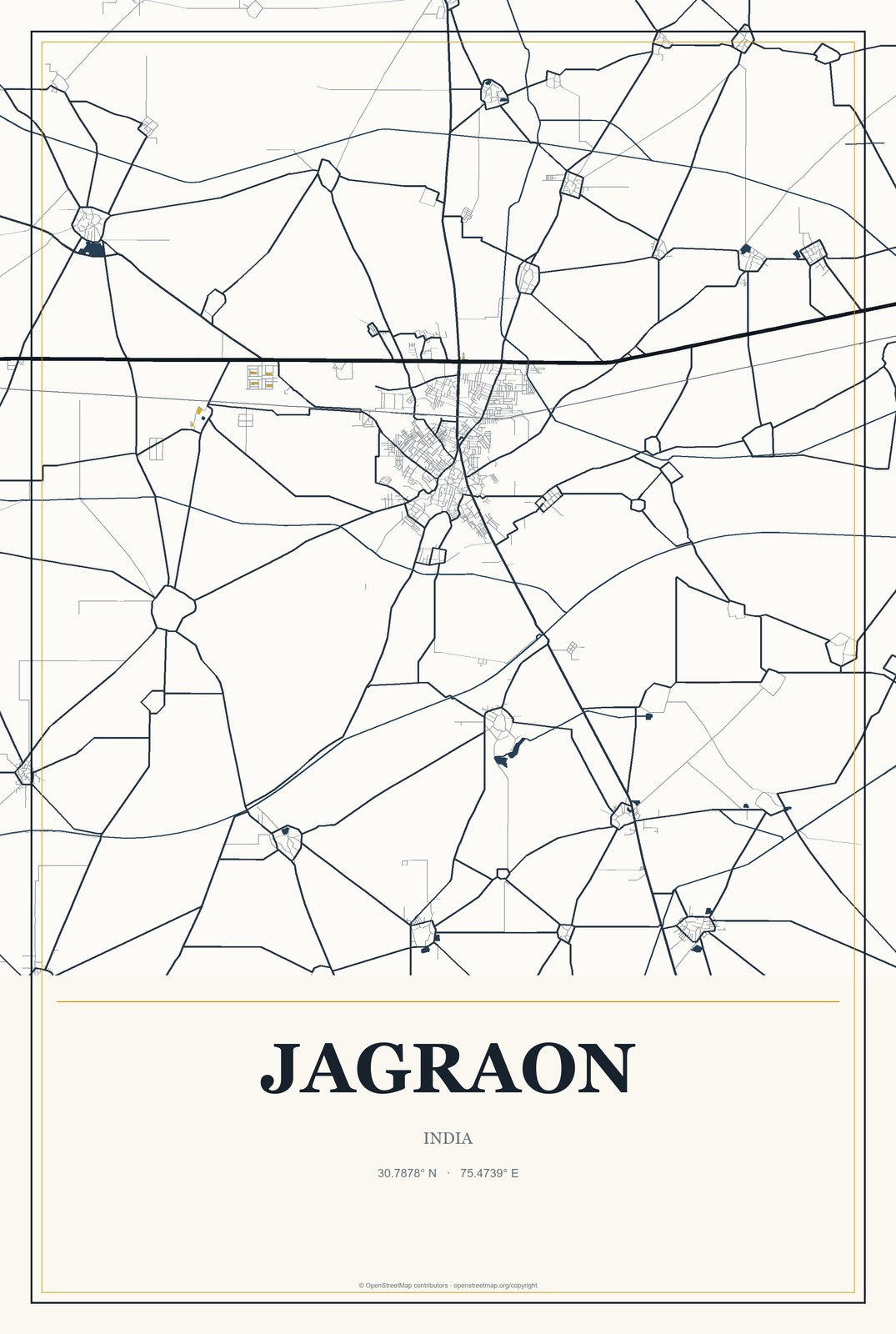 Jagraon, India City Map Aluminum Sign in Citrine Modern style