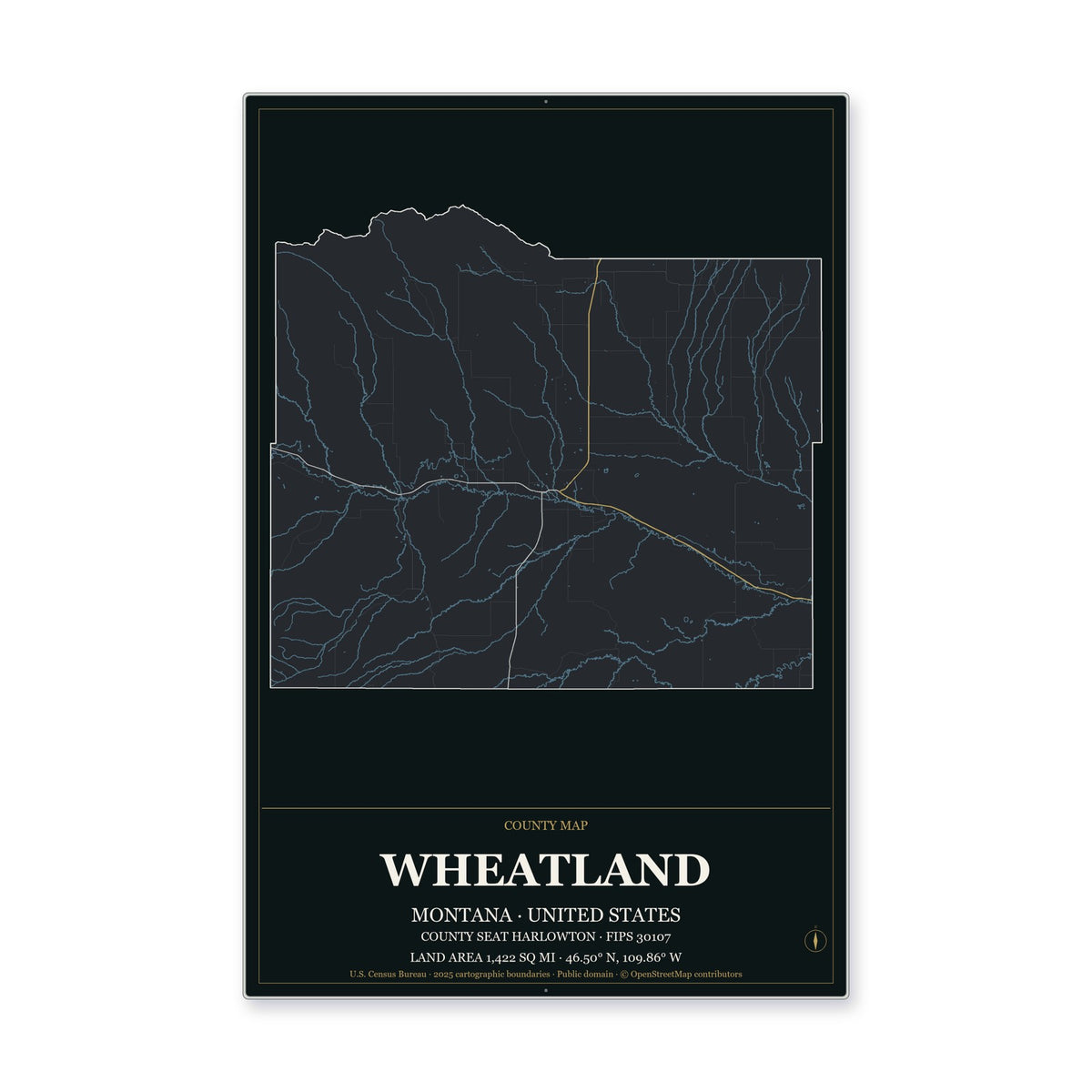Wheatland County, Montana Map Aluminum Sign in Metropolitan Noir style