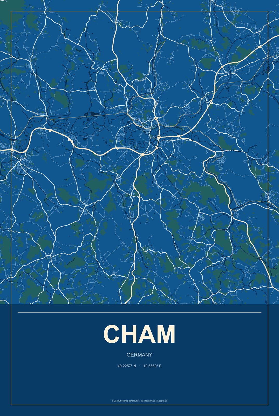 Cham, Germany City Map Aluminum Sign in Harbor Cobalt style