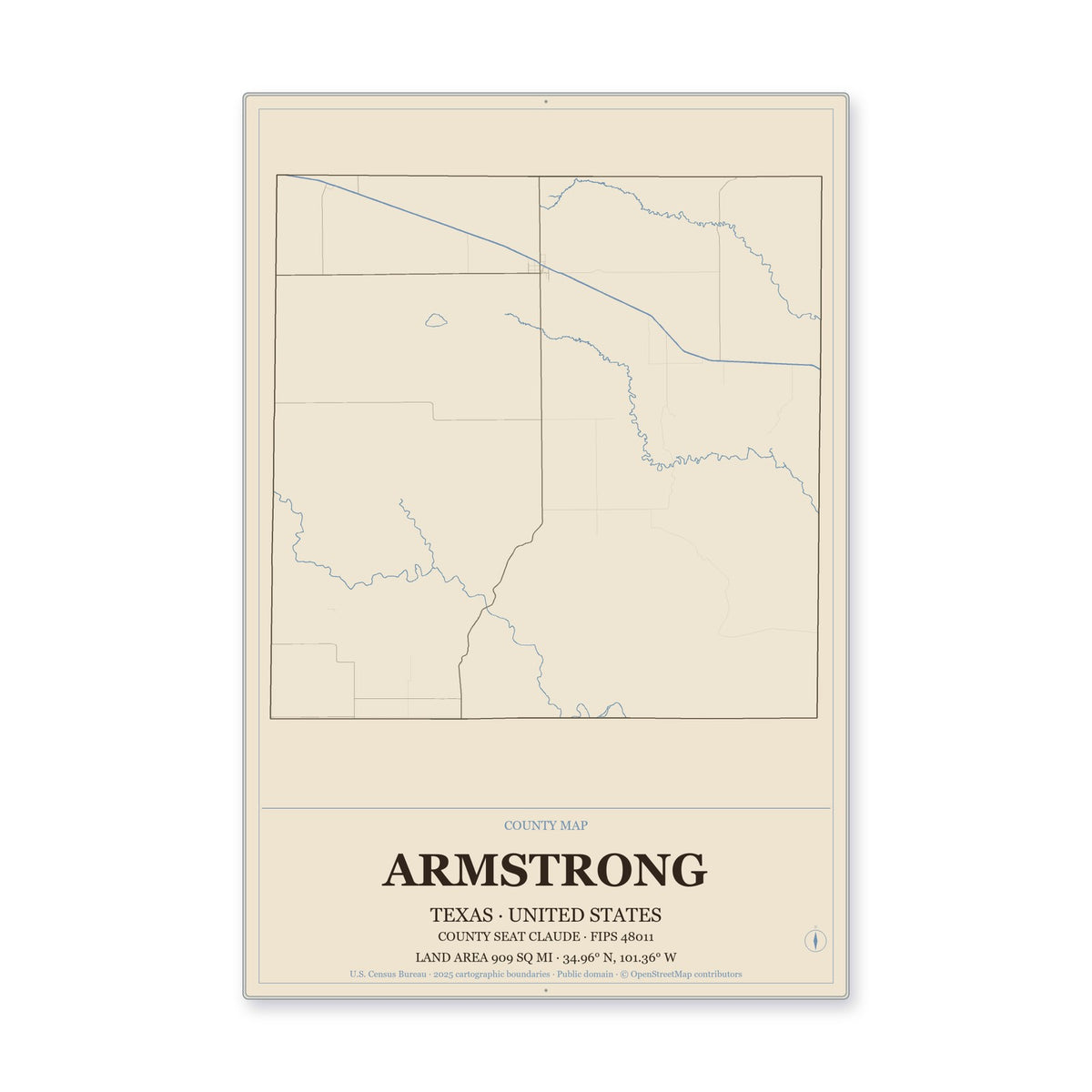 Armstrong County, Texas Map Aluminum Sign in Heritage Nautical style