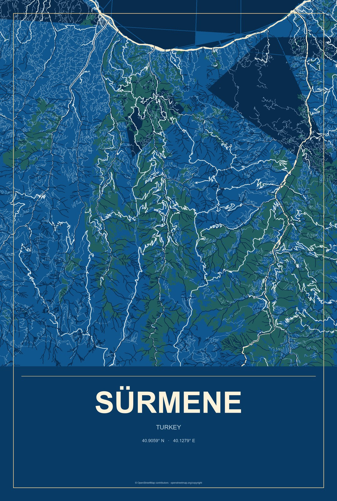 Sürmene, Turkey City Map Aluminum Sign in Harbor Cobalt style