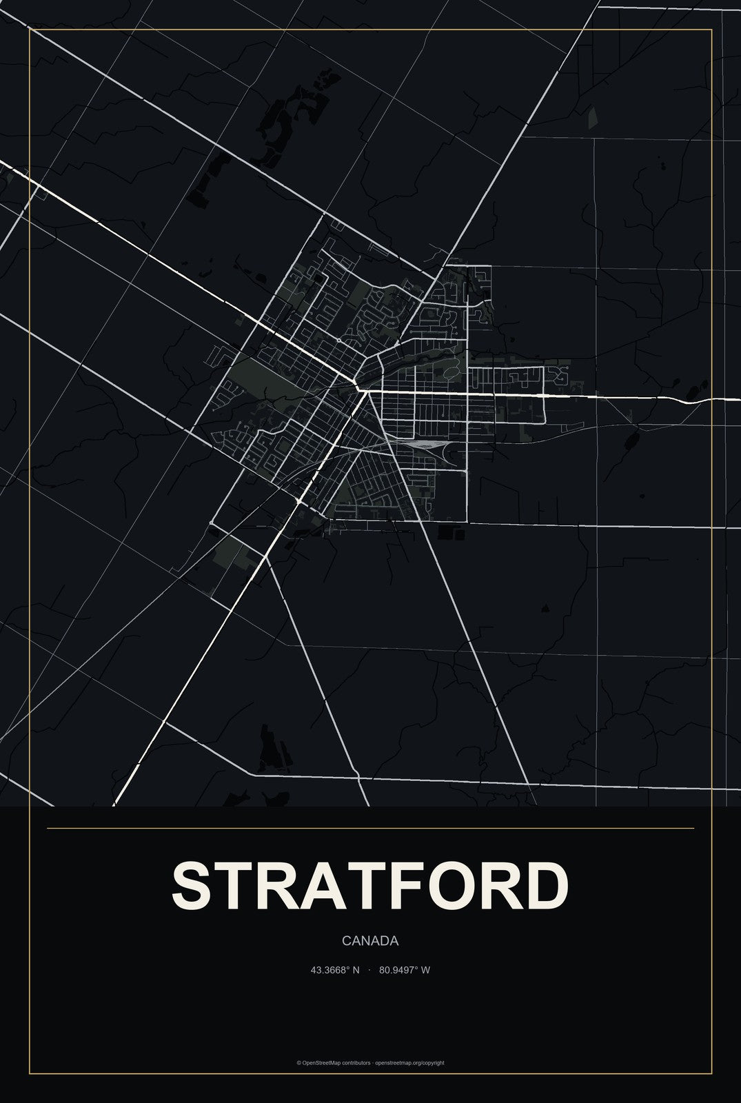 Stratford, Prince Edward Island, Canada City Map Aluminum Sign in Metropolitan Noir style