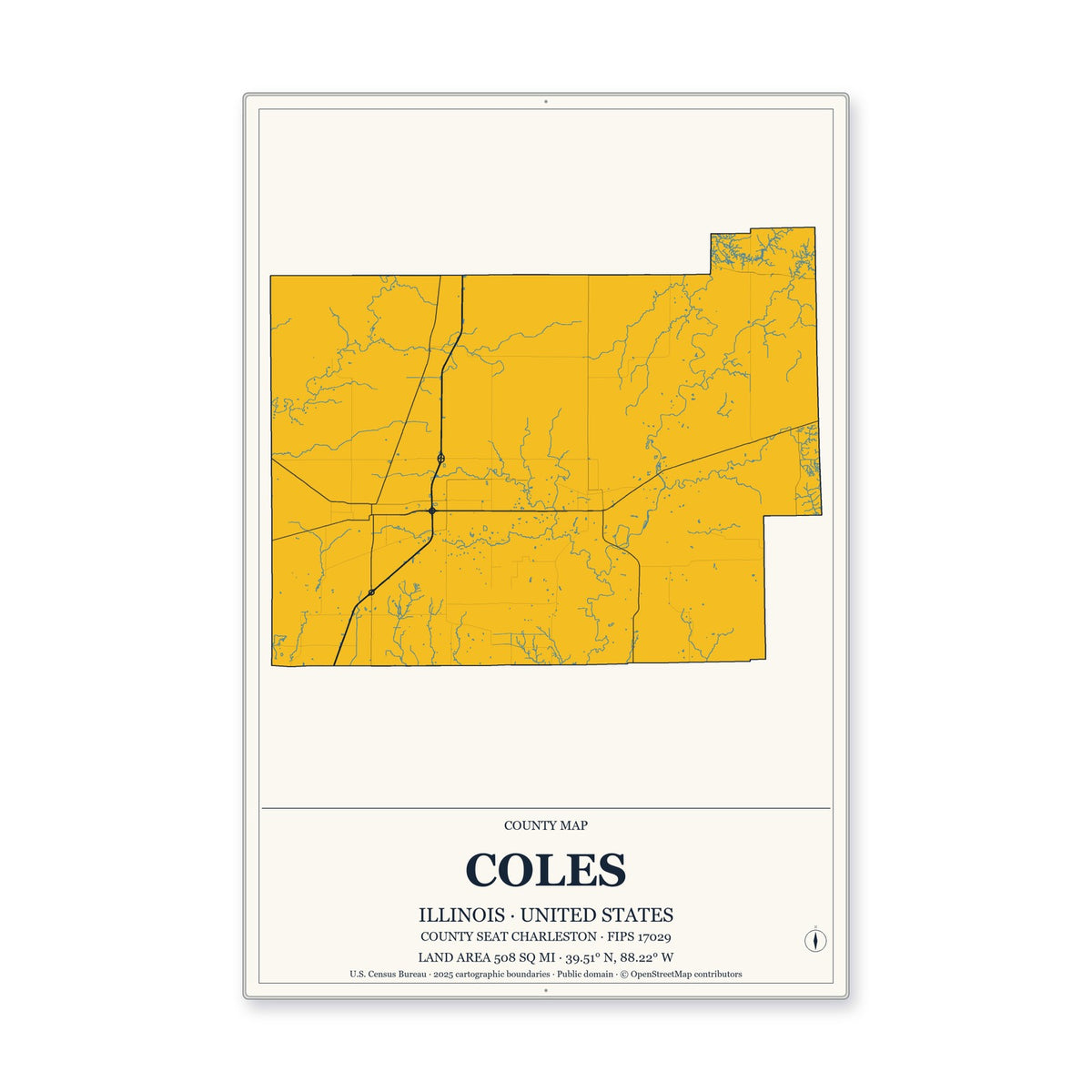Coles County, Illinois Map Aluminum Sign in Citrine Modern style