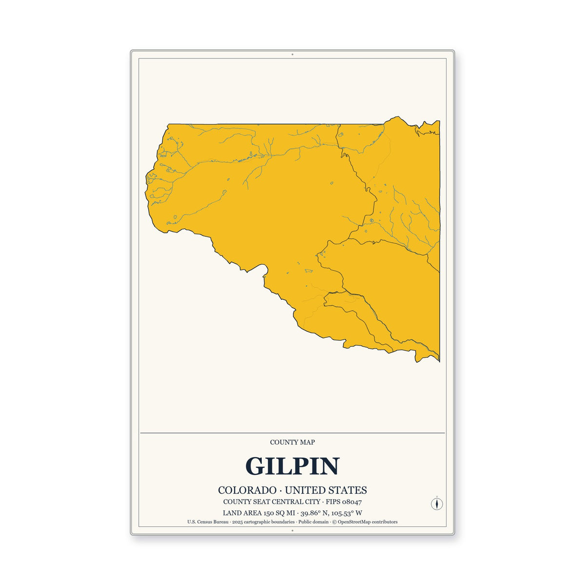 Gilpin County, Colorado Map Aluminum Sign in Citrine Modern style