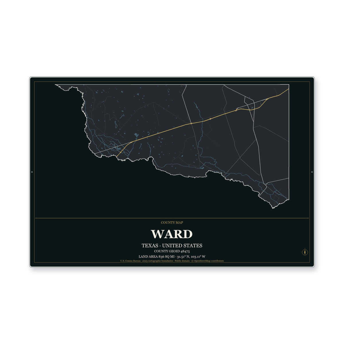 Ward County, Texas Map Aluminum Sign in Metropolitan Noir style