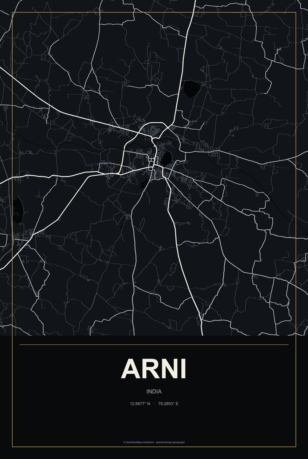 Arni, India City Map Aluminum Sign in Metropolitan Noir style