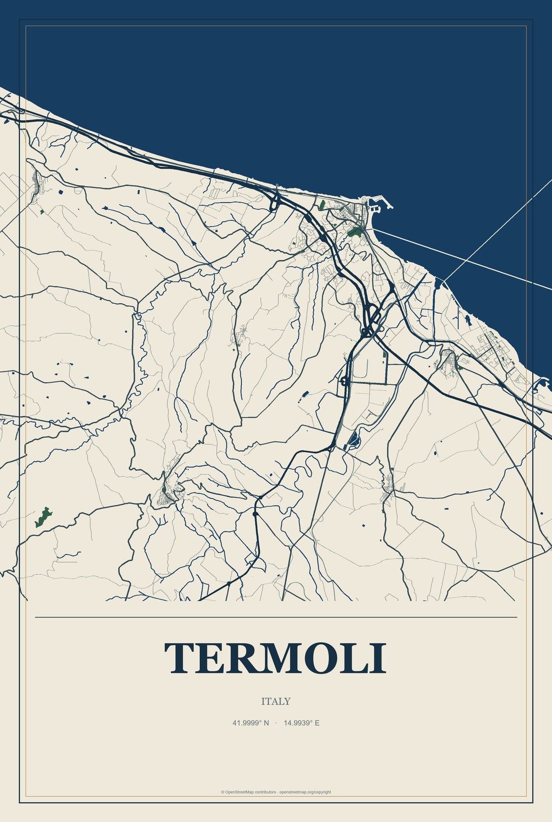 Termoli, Italy City Map Aluminum Sign in Coastal Cutout style