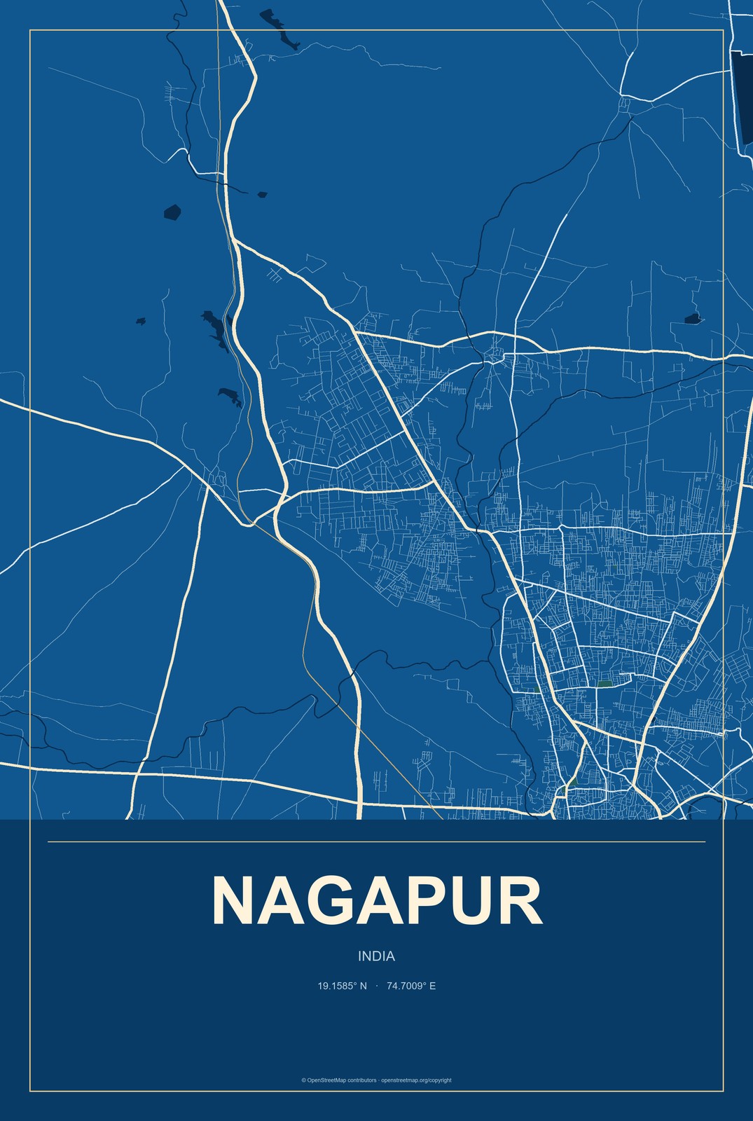 Nagapur, India City Map Aluminum Sign in Harbor Cobalt style
