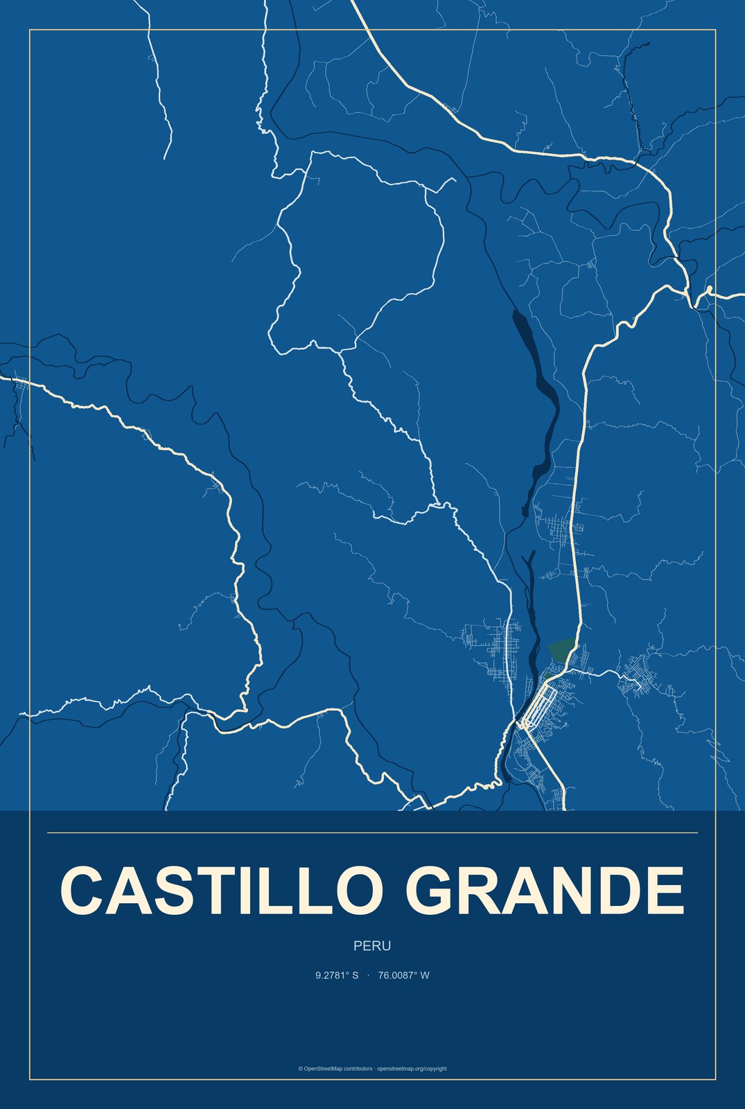 Castillo Grande, Peru City Map Aluminum Sign in Harbor Cobalt style