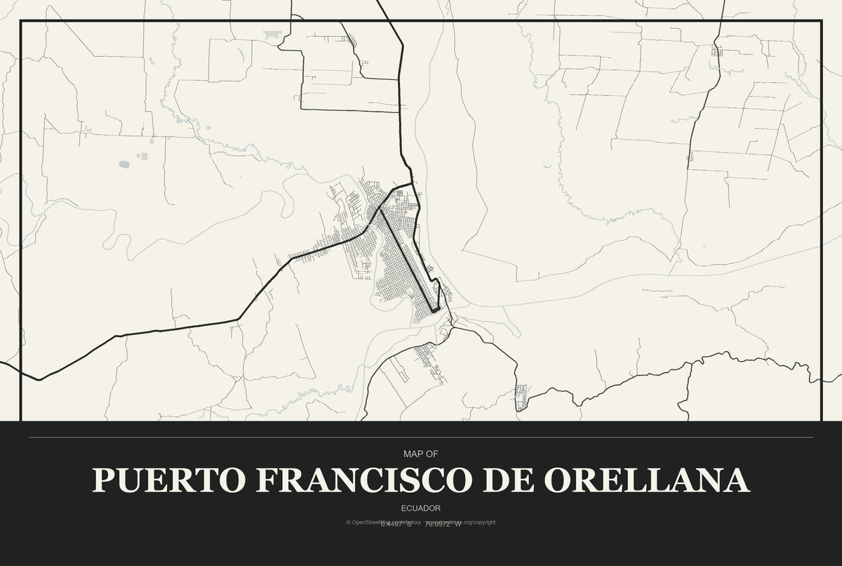 Puerto Francisco de Orellana, Ecuador City Map Aluminum Sign in Museum Plaque style