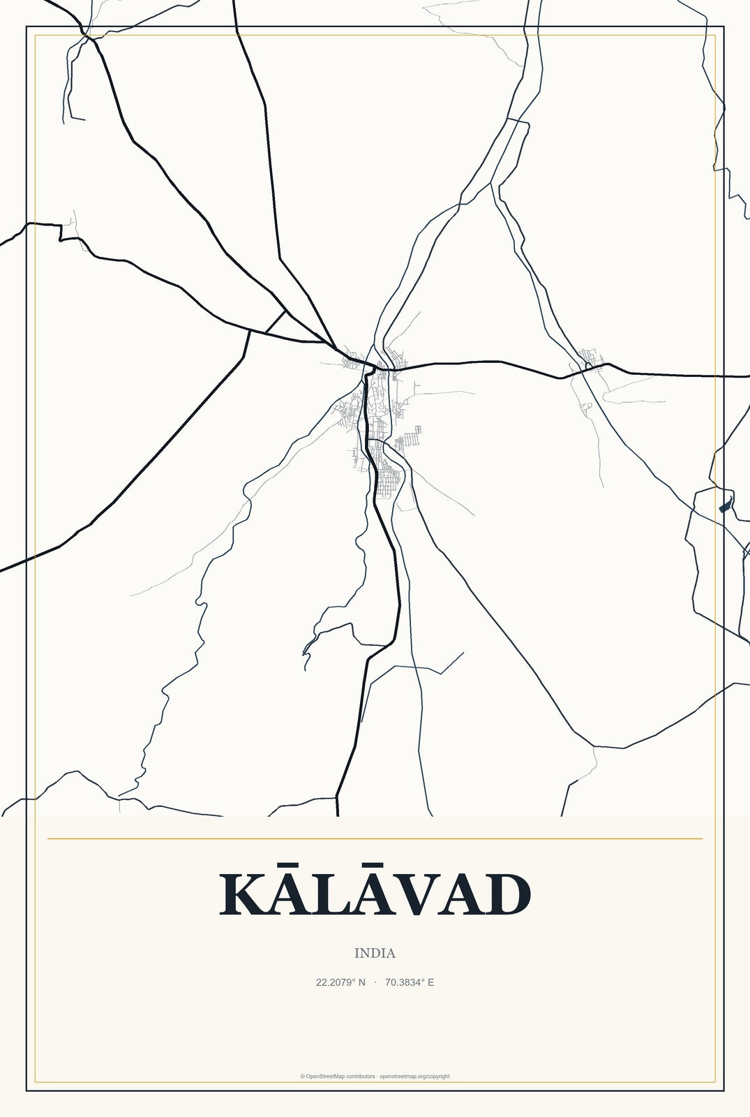 Kālāvad, India City Map Aluminum Sign in Citrine Modern style