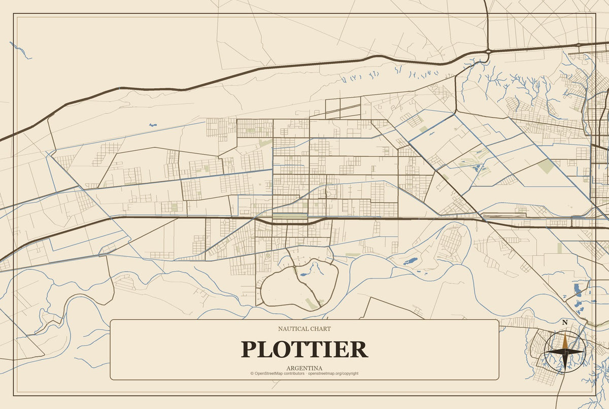 Plottier, Argentina City Map Aluminum Sign in Heritage Nautical style