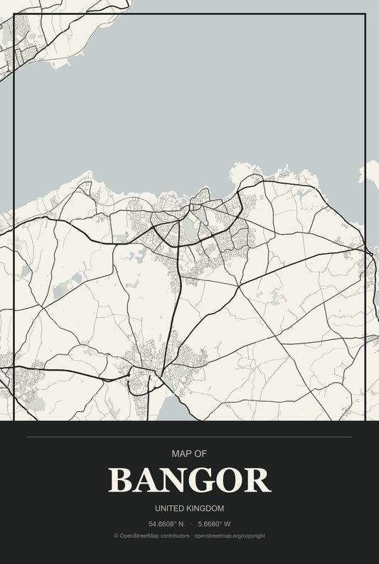 Bangor, Wales, United Kingdom City Map Aluminum Sign in Museum Plaque style