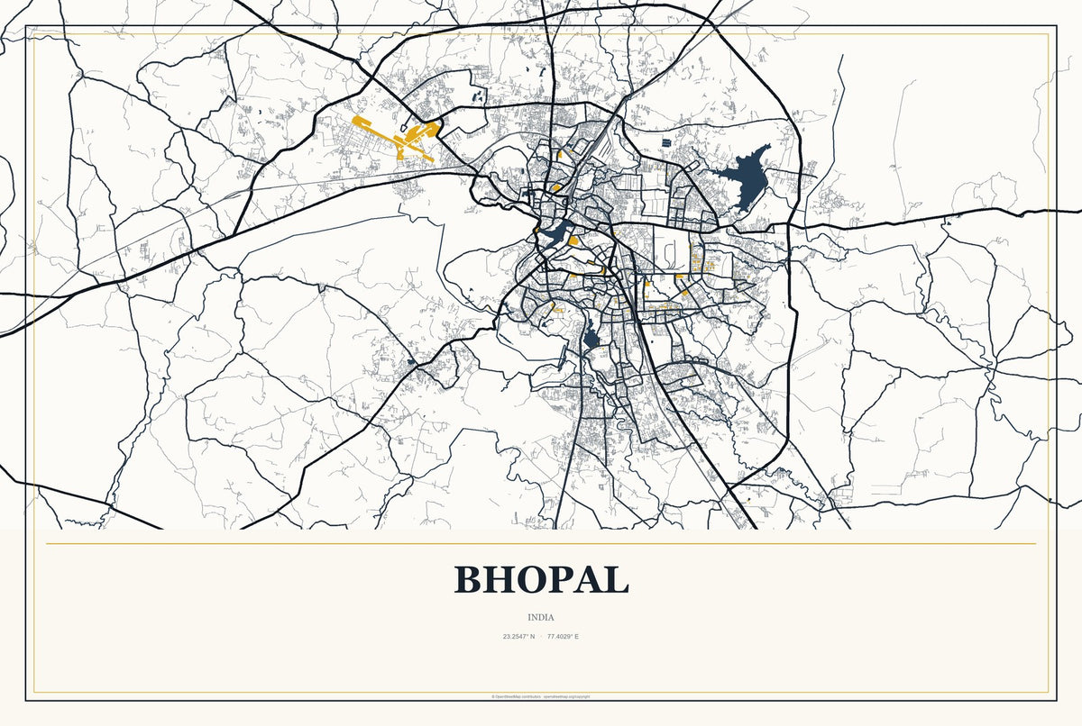 Bhopal, India City Map Aluminum Sign in Citrine Modern style