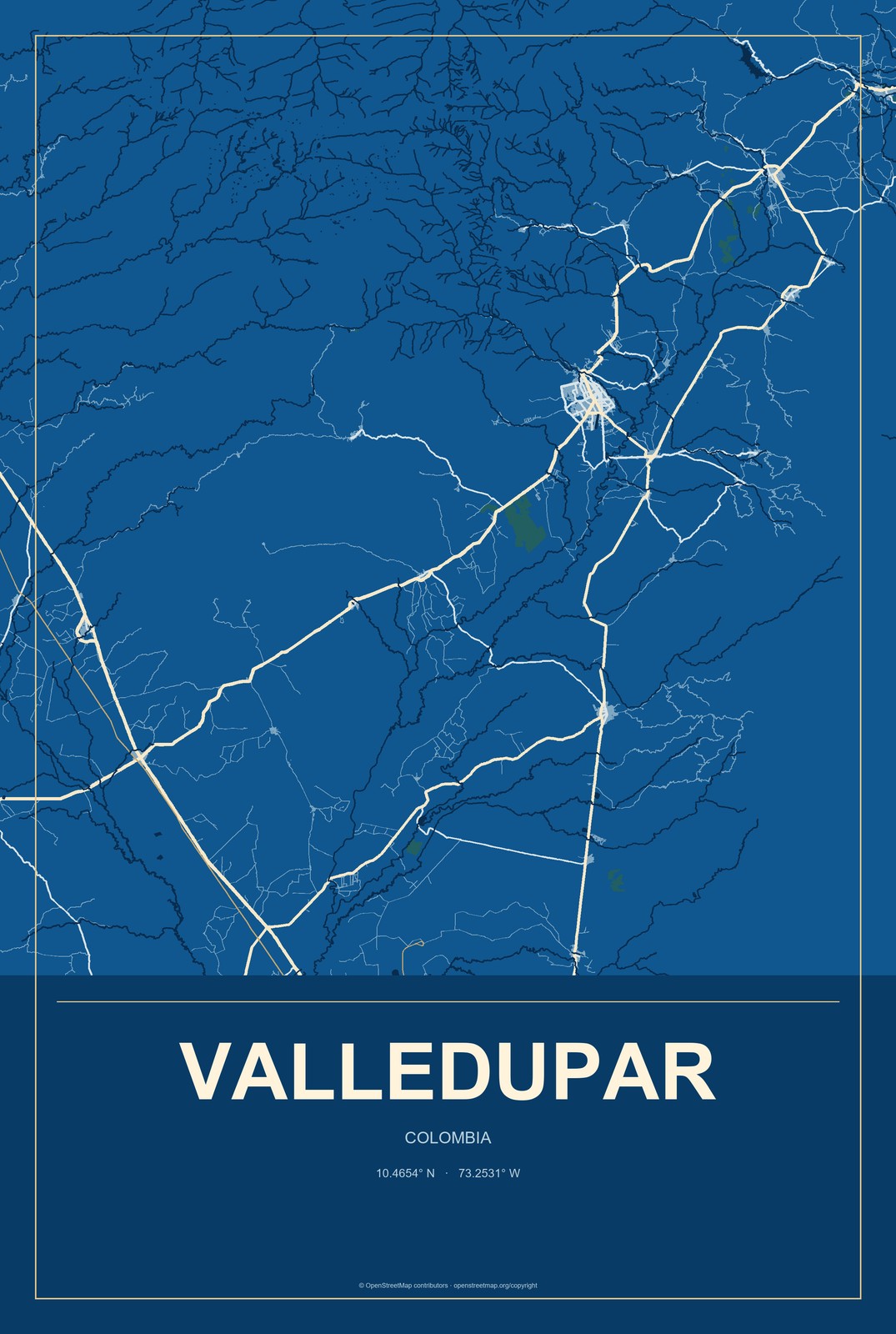Valledupar, Colombia City Map Aluminum Sign in Harbor Cobalt style