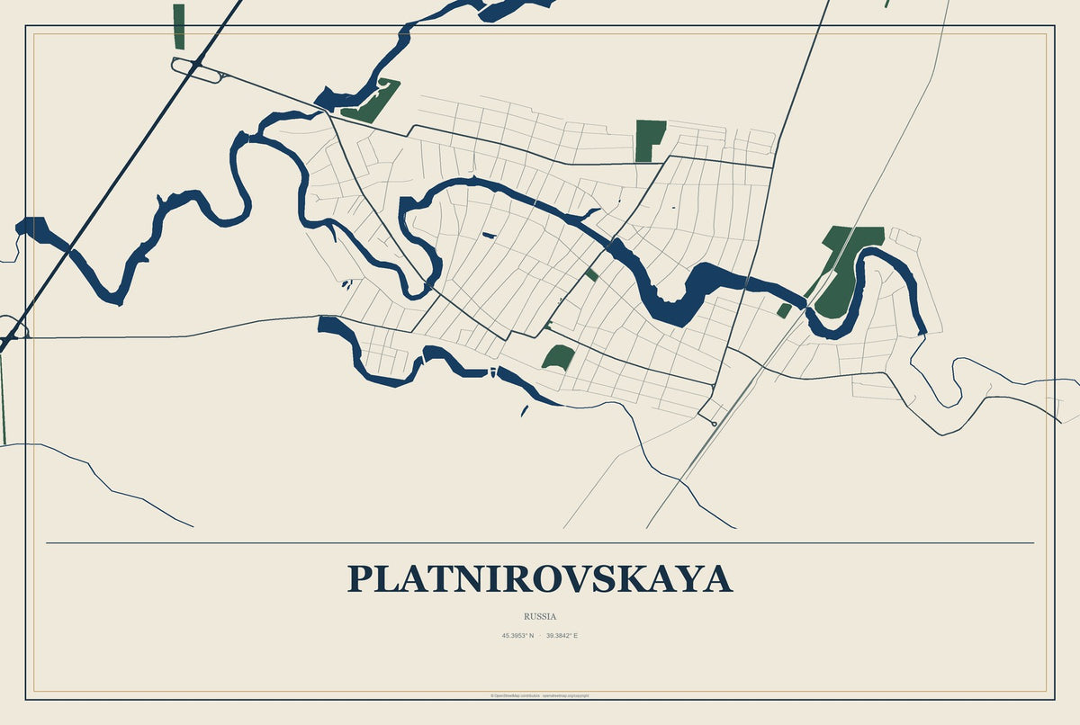 Platnirovskaya, Russia City Map Aluminum Sign in Coastal Cutout style