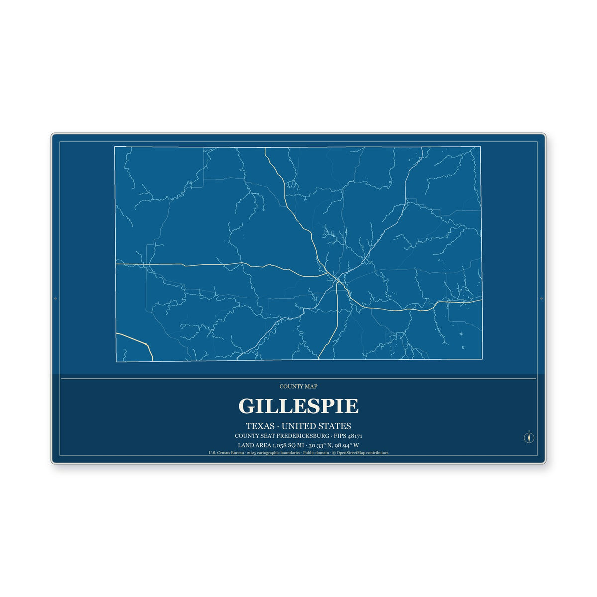 Gillespie County, Texas Map Aluminum Sign in Harbor Cobalt style