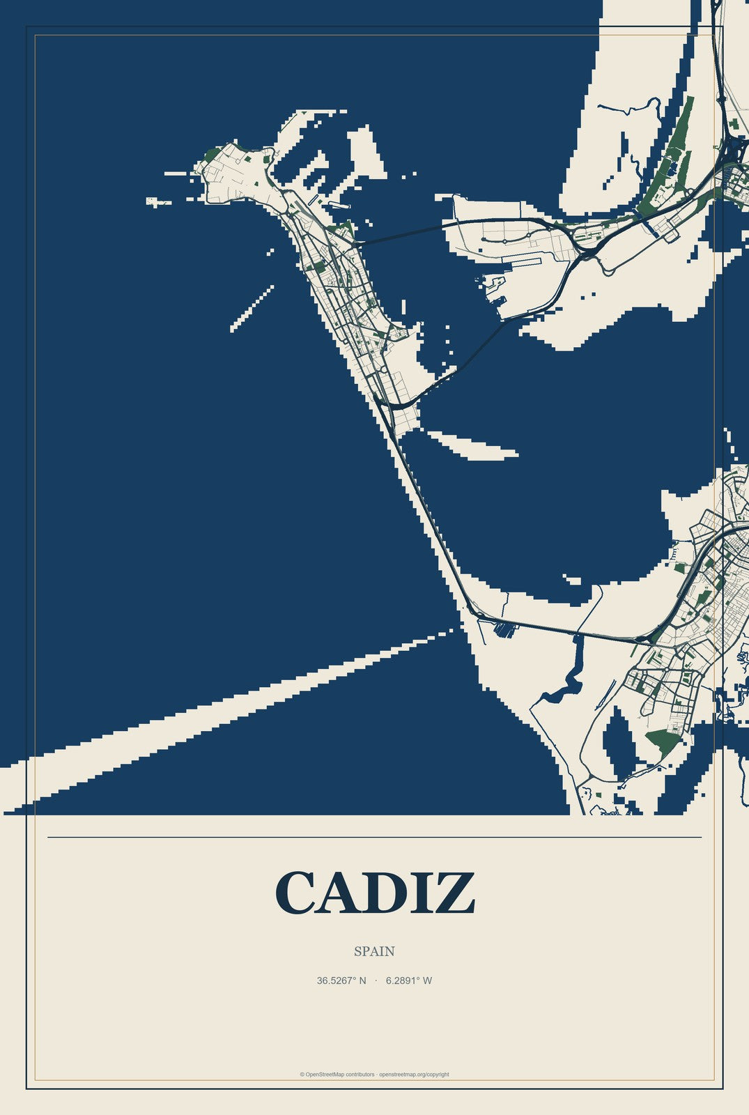 Cadiz, Spain City Map Aluminum Sign in Coastal Cutout style