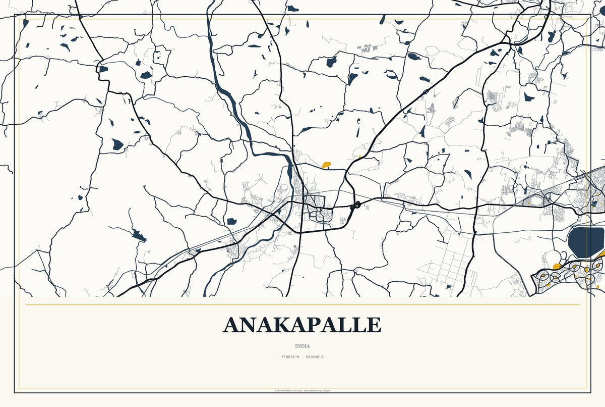 Anakapalle, India City Map Aluminum Sign in Citrine Modern style