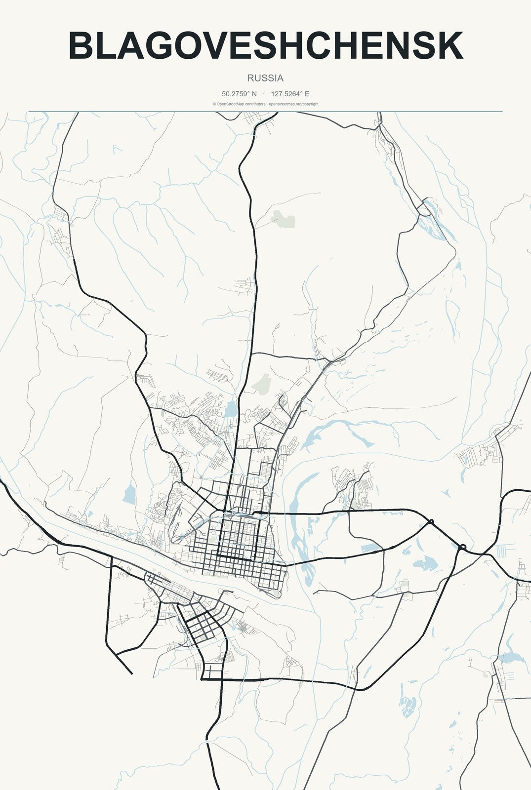 Blagoveshchensk, Bashkortostan Republic, Russia City Map Aluminum Sign in Headline Atlas style