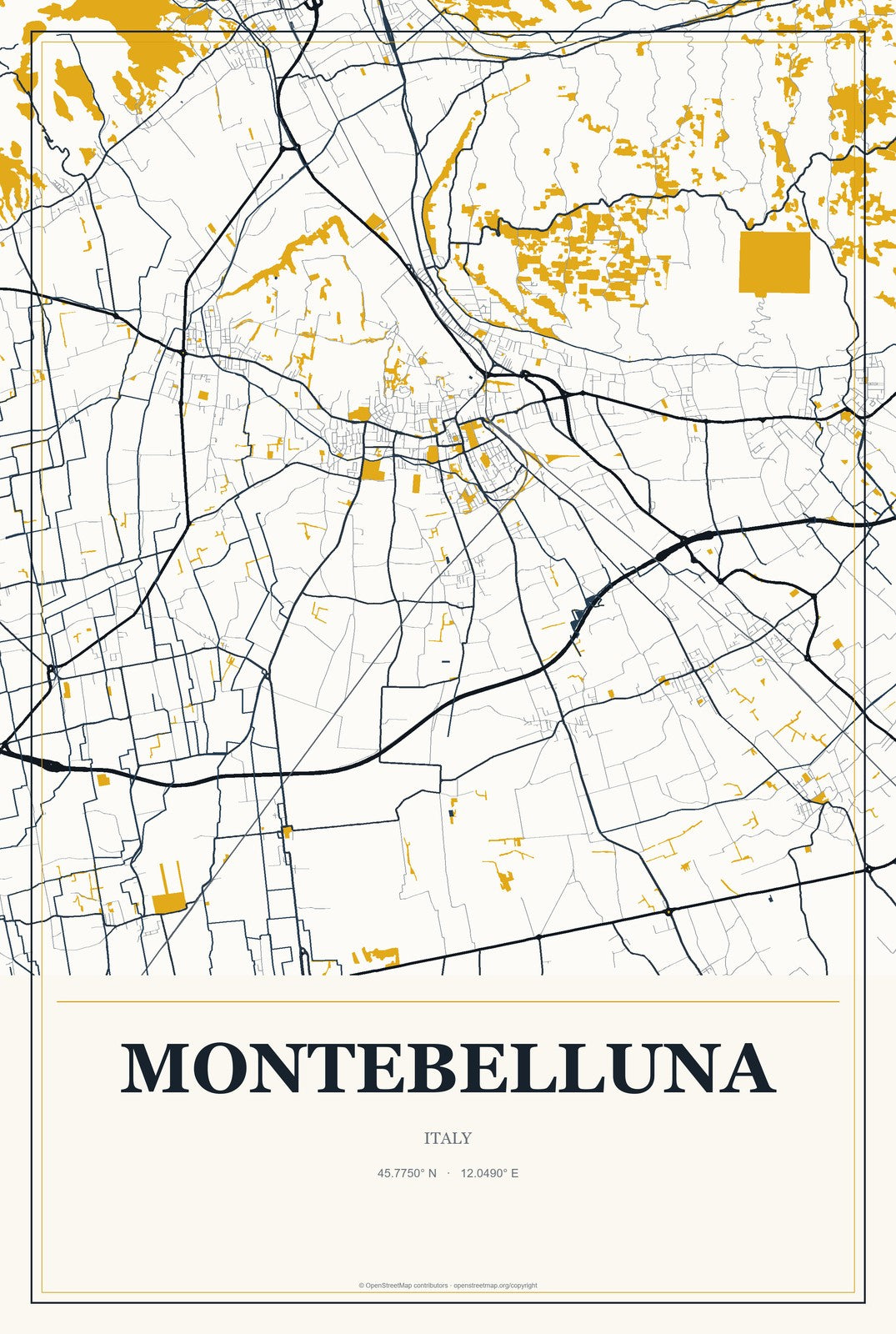 Montebelluna, Italy City Map Aluminum Sign in Citrine Modern style