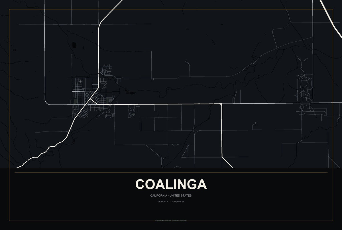 Coalinga, California City Map Aluminum Sign in Metropolitan Noir style