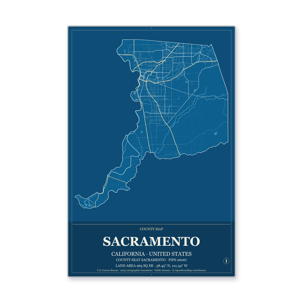 Sacramento County, California Map Aluminum Sign in Harbor Cobalt style