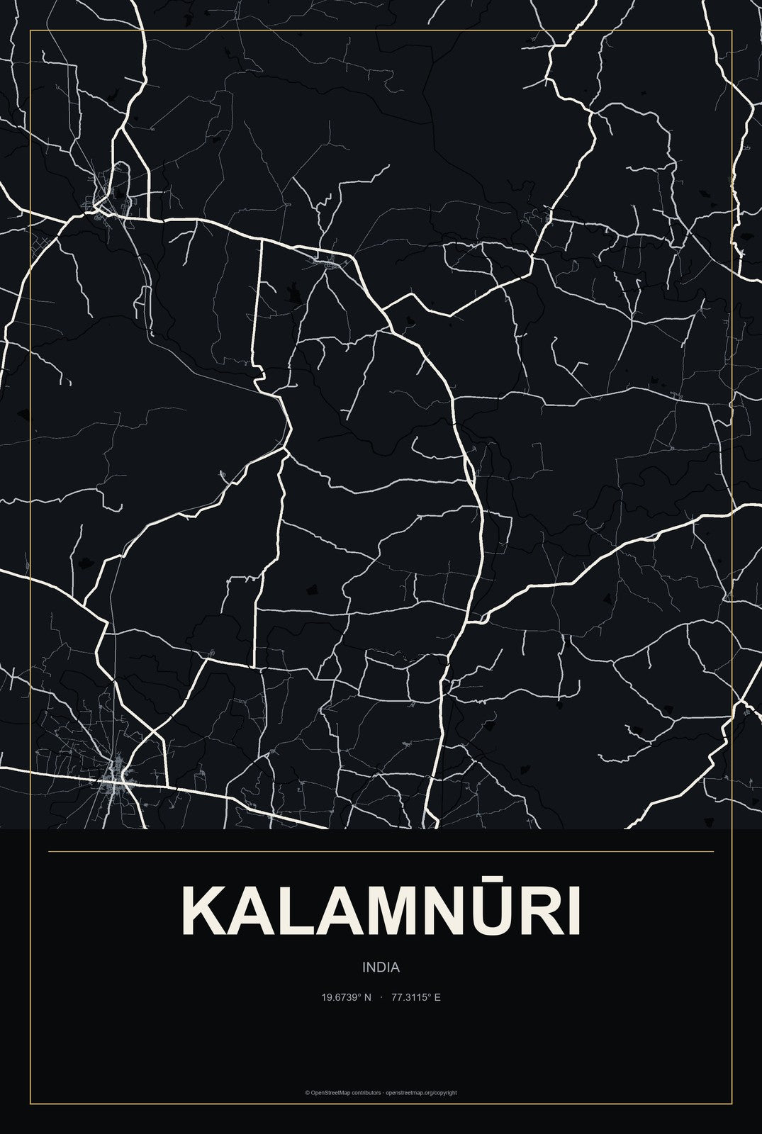 Kalamnūri, India City Map Aluminum Sign in Metropolitan Noir style