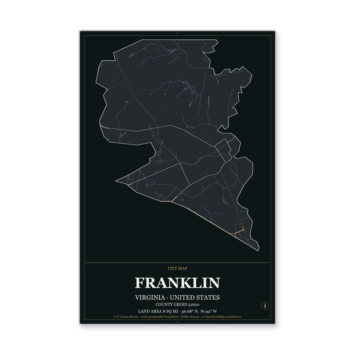 Franklin city, Virginia Map Aluminum Sign in Metropolitan Noir style