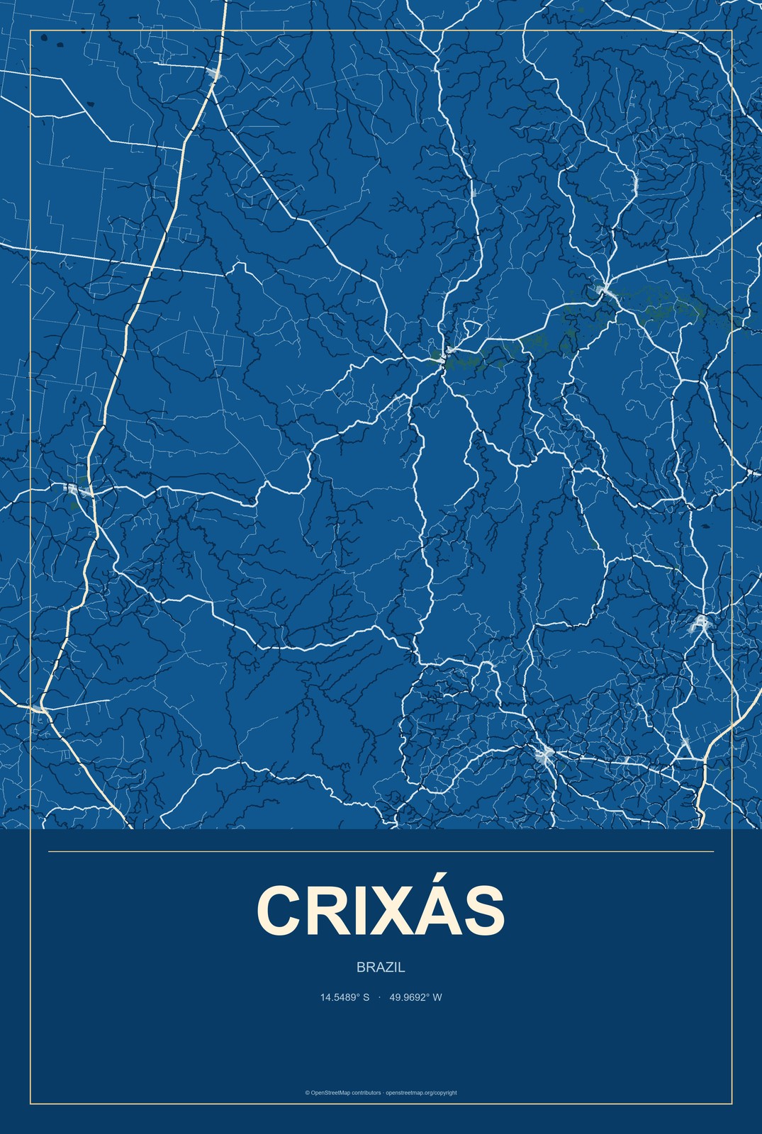 Crixás, Brazil City Map Aluminum Sign in Harbor Cobalt style