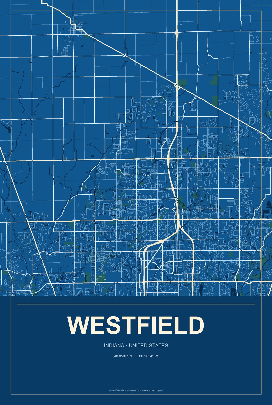 Westfield, Indiana City Map Aluminum Sign in Harbor Cobalt style