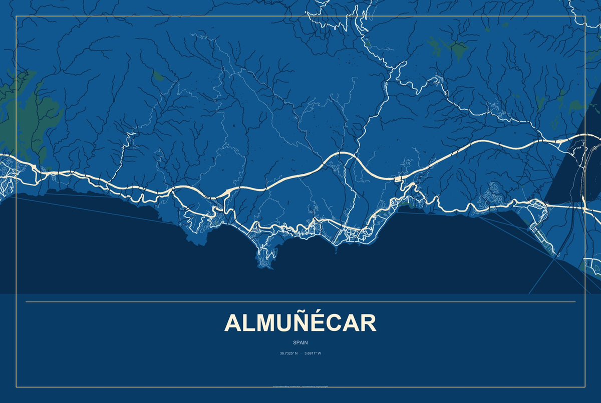 Almuñécar, Spain City Map Aluminum Sign in Harbor Cobalt style