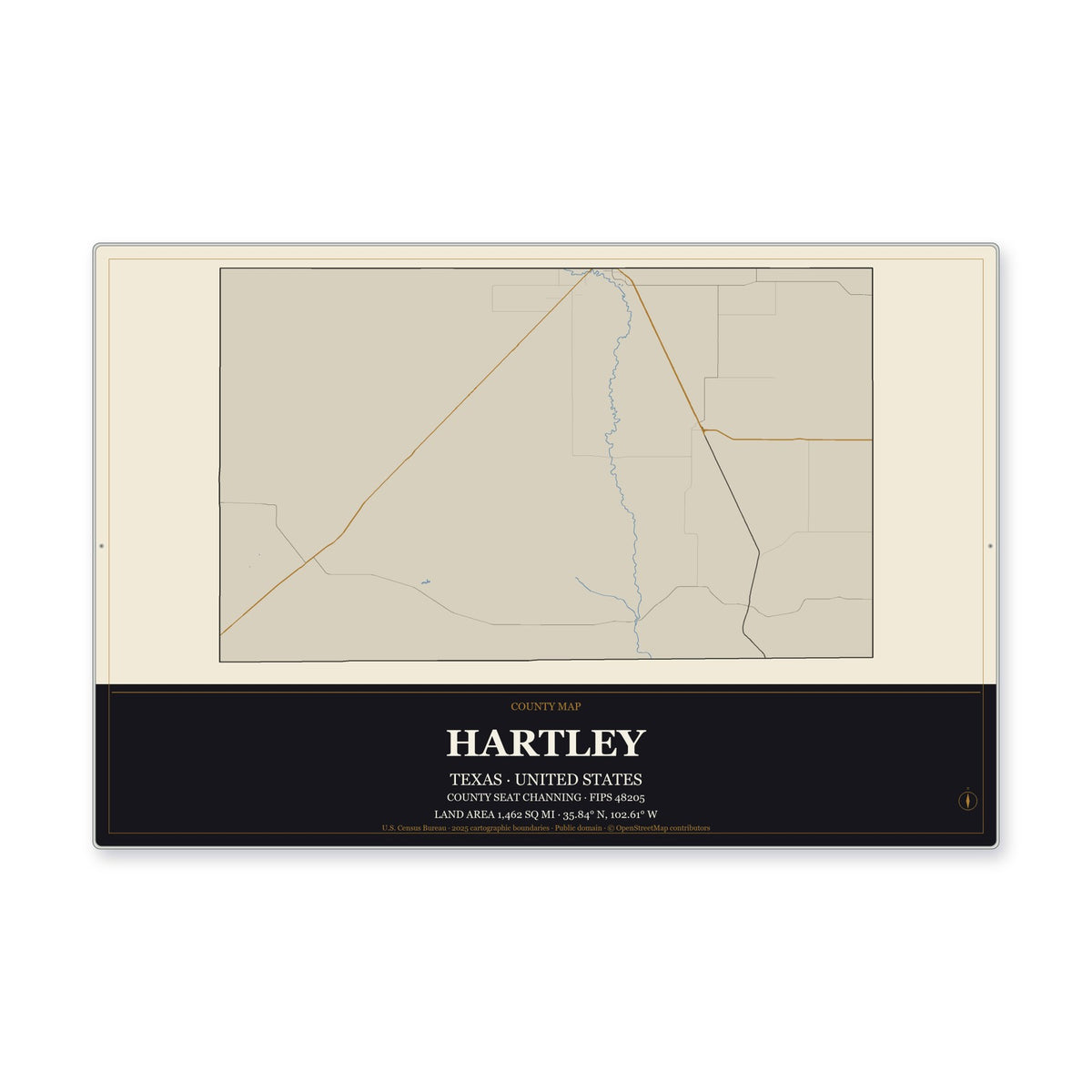 Hartley County, Texas Map Aluminum Sign in Museum Plaque style